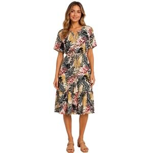 Sunday Mi Amor Tropical Palm Print Midi Dress Medium Short Sleeve V-Neck Boho